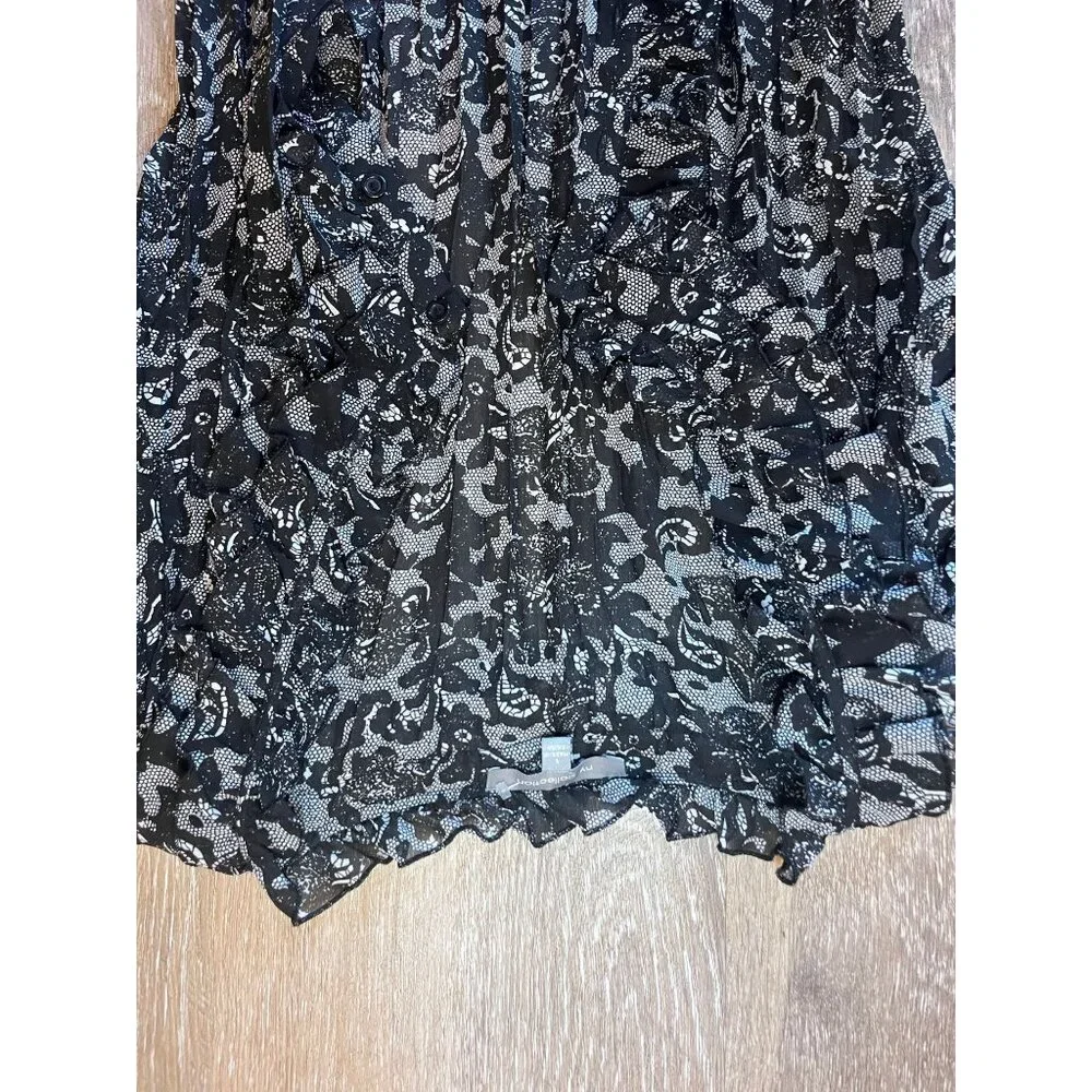NY Connections Floral Ruffle Button-Up Top – Black & White – Size Large - Picture 2 of 4